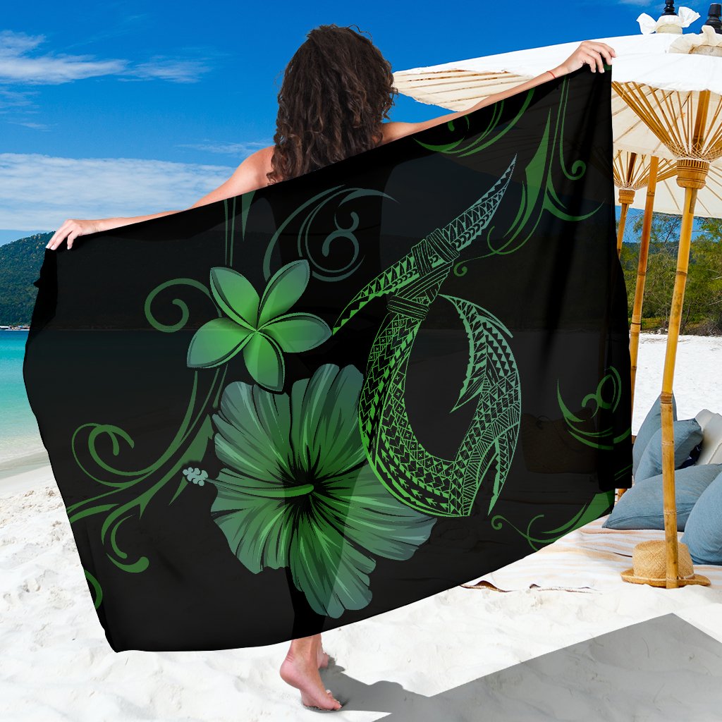 Hawaii Fish Hook Hibiscus Plumeria Poly Sarong - Green Sarong One Size Green - Polynesian Pride