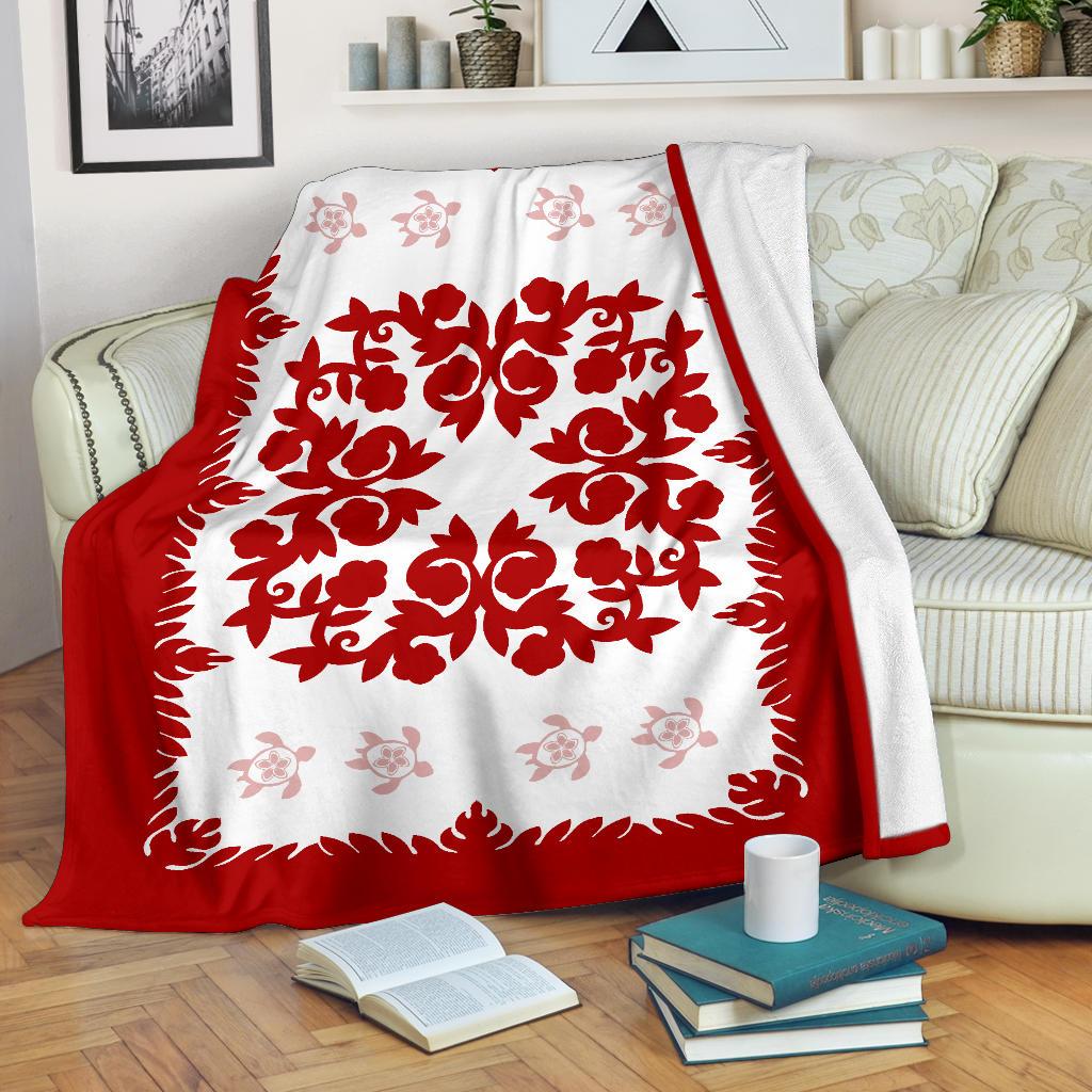 Hawaii Premium Blanket - Hawaiian Quilt Plumeria Medallion Red - AH White - Polynesian Pride