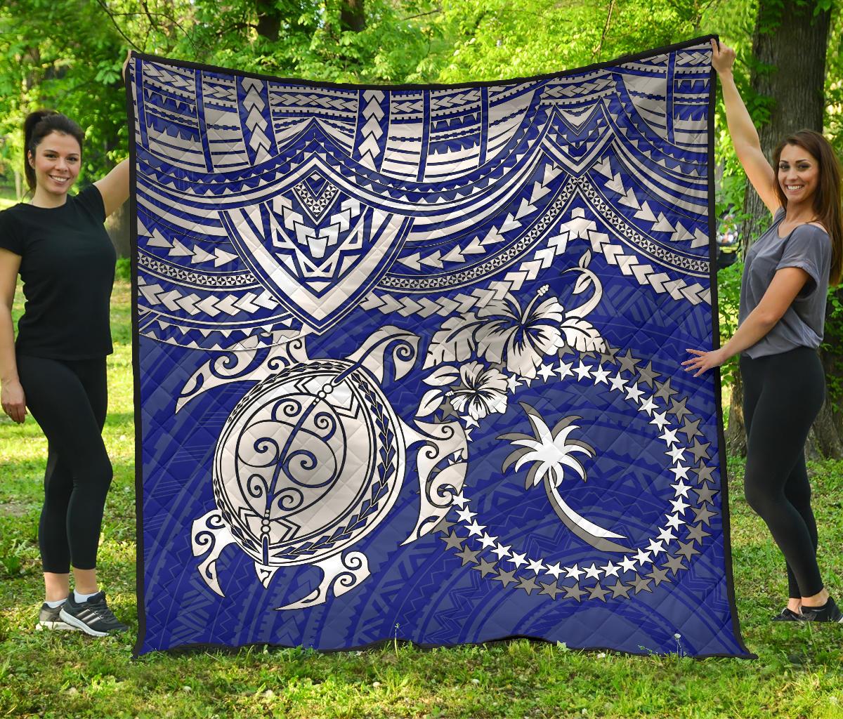Chuuk Polynesian Premium Quilt - Chuuk Flag & White Turtle Hibiscus (Blue) - Polynesian Pride