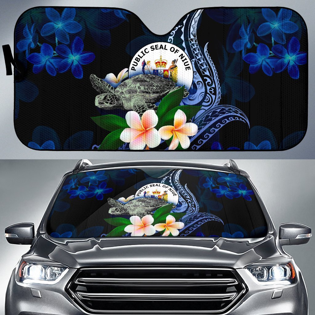 Polynesian Niue Sun Shades - Turtle With Plumeria Flowers Auto Sun Shade Universal Fit Blue - Polynesian Pride