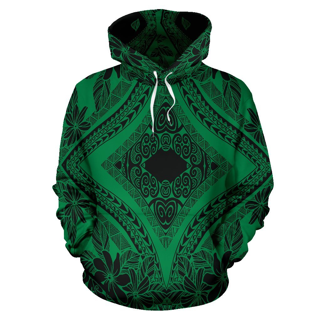 Hawaii Hoodie Polynesian Plumeria Mix Green Black Pullover Unisex Art - Polynesian Pride