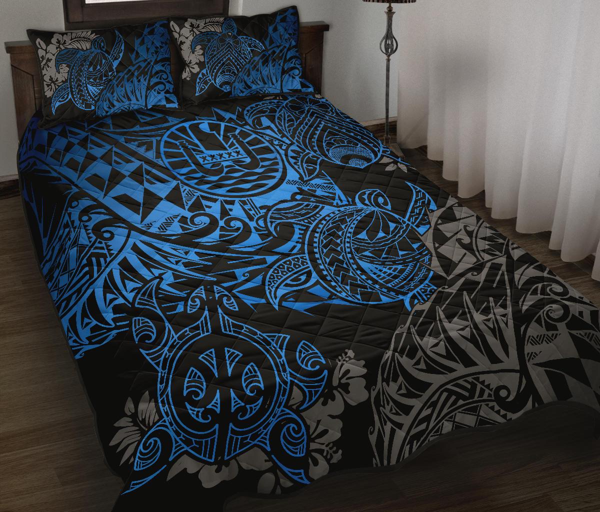 Tahiti Polynesian Quilt Bed Set - Blue Turtle Hibiscus Flowing BLUE - Polynesian Pride