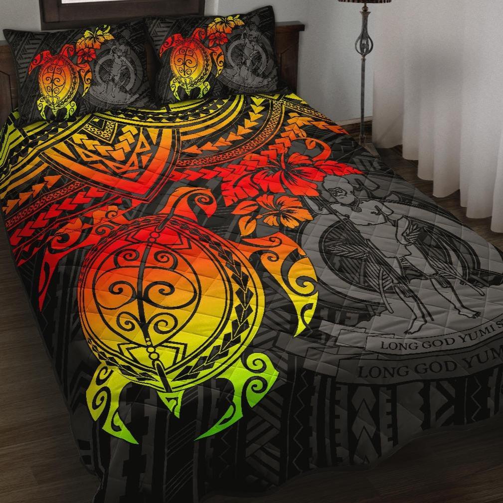 Vanuatu Polynesian Quilt Bed Set - Vanuatu Coat Of Arms & Reggae Turtle Hibiscus RED - Polynesian Pride