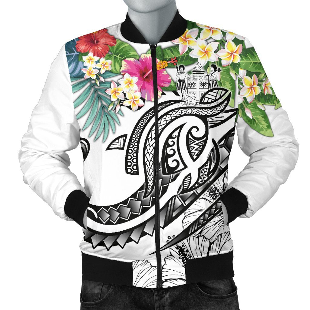 Fiji Polynesian Men's Bomber Jacket - Summer Plumeria (White) White - Polynesian Pride