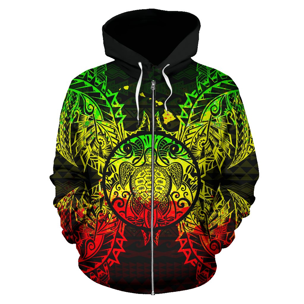 Polynesian Hawaii All Over Zip up Hoodie Map Turtle Reggae - Polynesian Pride