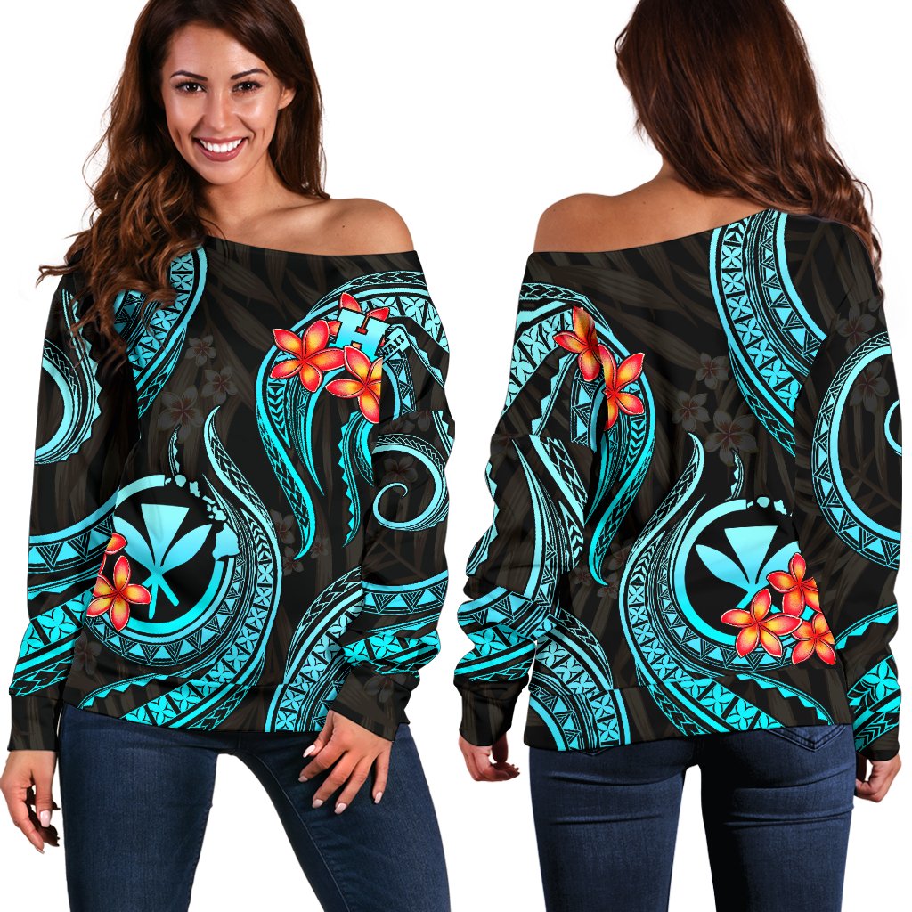 Polynesian Hawaii Off Shoulder Sweater - Turquoise Plumeria TURQUOISE - Polynesian Pride