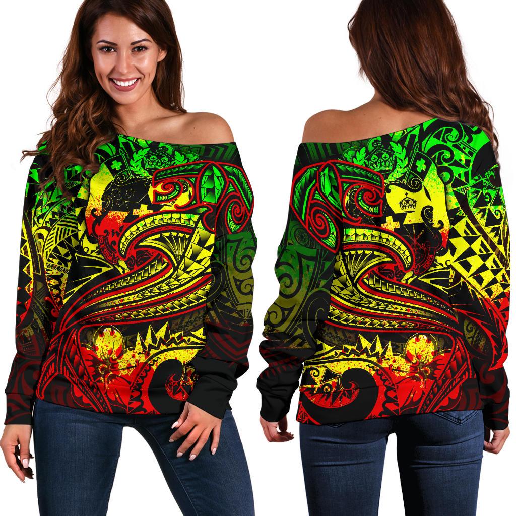 Tonga Women's Off Shoulder Sweater - Reggae Shark Polynesian Tattoo Black - Polynesian Pride