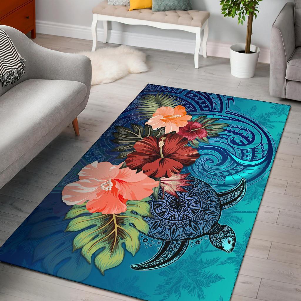 Turtle Polynesian Area Rug Hibiscus Polynesian Blue - Polynesian Pride