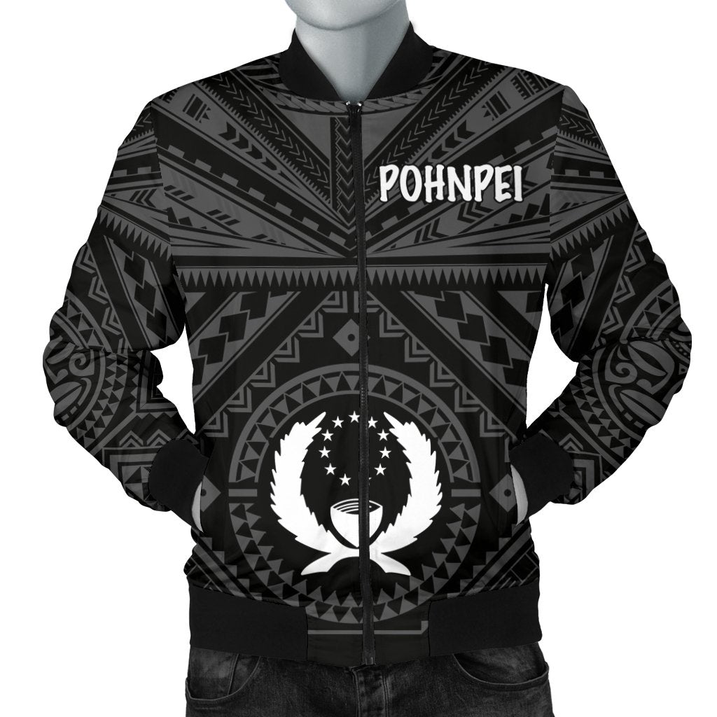 Pohnpei Men's Bomber Jacket - Pohnpei Seal With Polynesian Tattoo Style ( Black) - Polynesian Pride