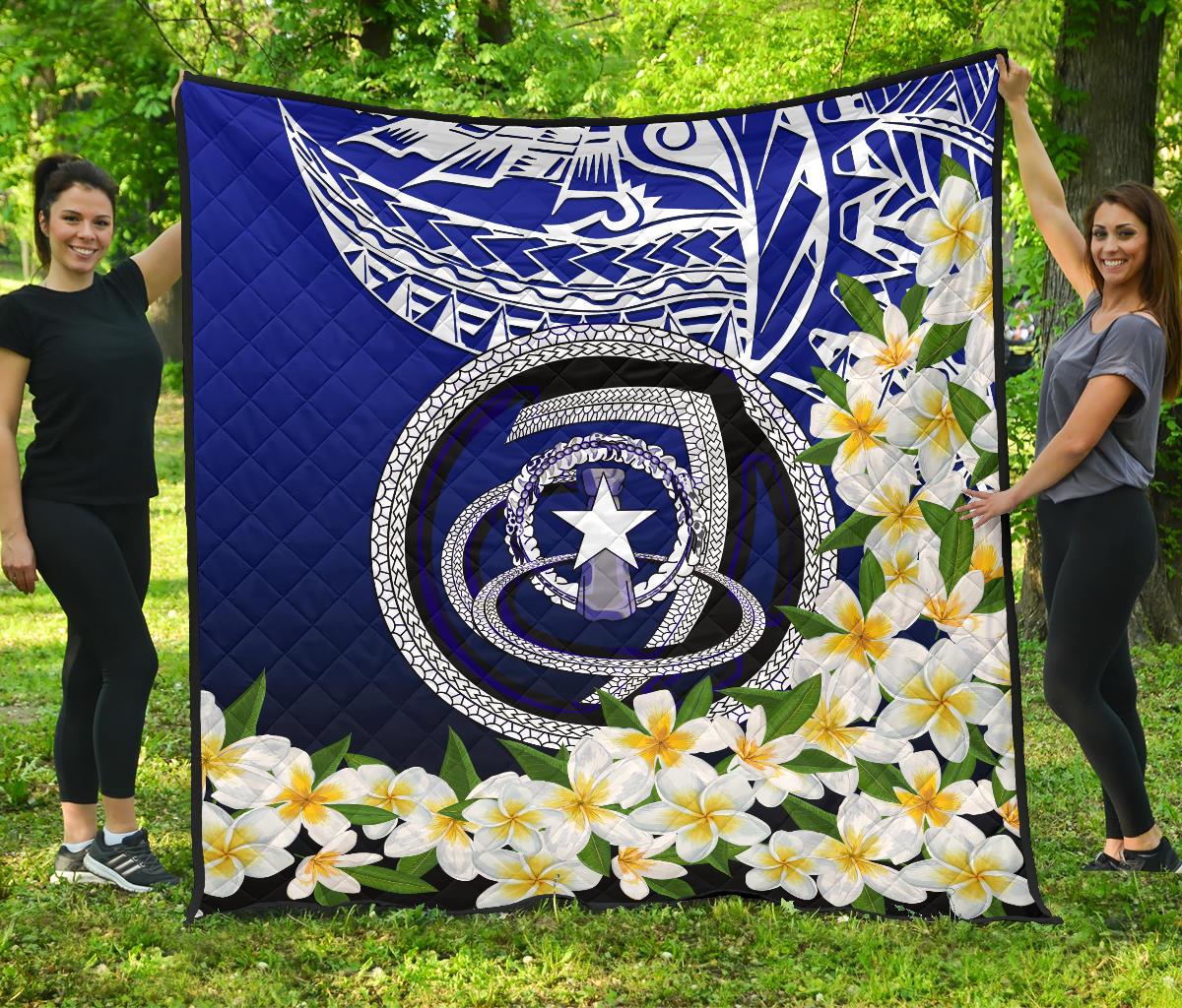 Northern Mariana Islands Premium Quilt - Polynesian Plumeria Pattern Blue - Polynesian Pride