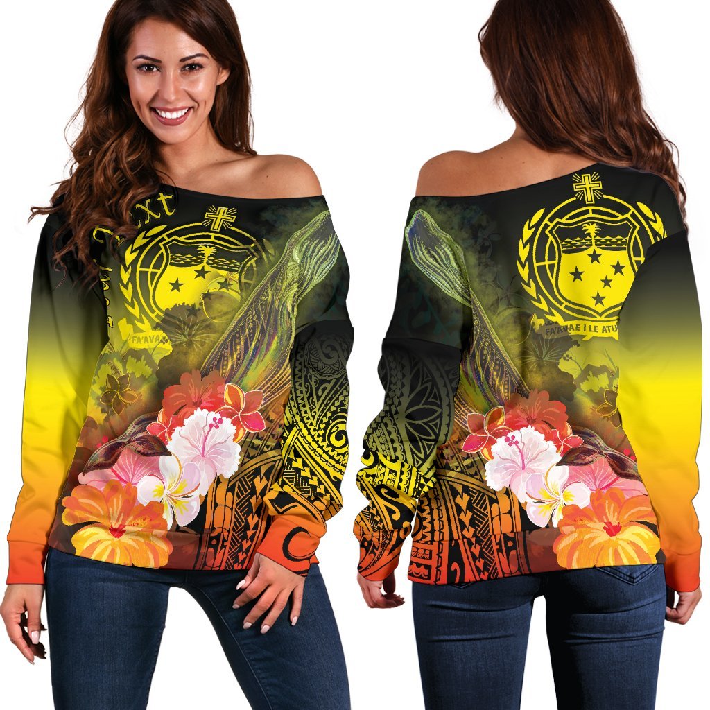 Custom Personalised Samoa Women's Off Shoulder Sweater- Humpback Whale with Tropical Flowers (Yellow) Yellow - Polynesian Pride