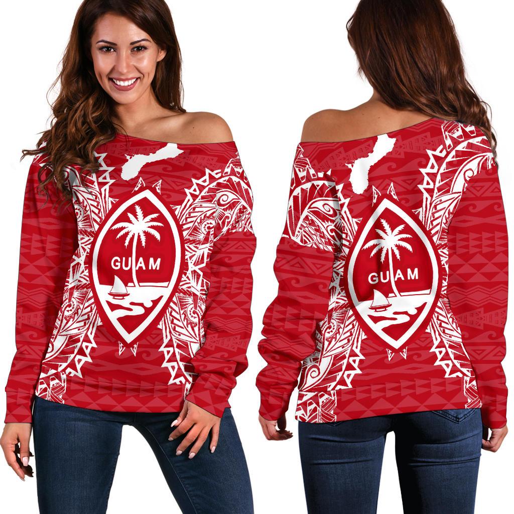 Guam Polynesian Shoulder Sweater Map Red White Red - Polynesian Pride