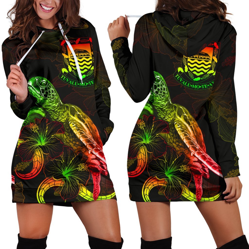 Tuvalu Polynesian Hoodie Dress - Turtle With Blooming Hibiscus Reggae Reggae - Polynesian Pride