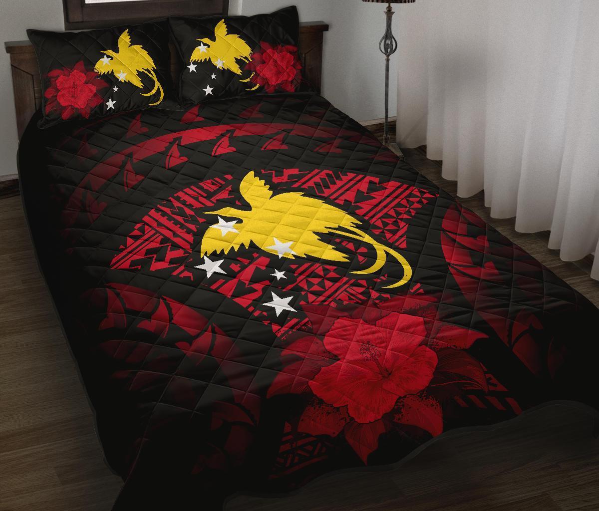 Papua New Guinea Polynesian Quilt Bed Set Hibiscus Red Black - Polynesian Pride