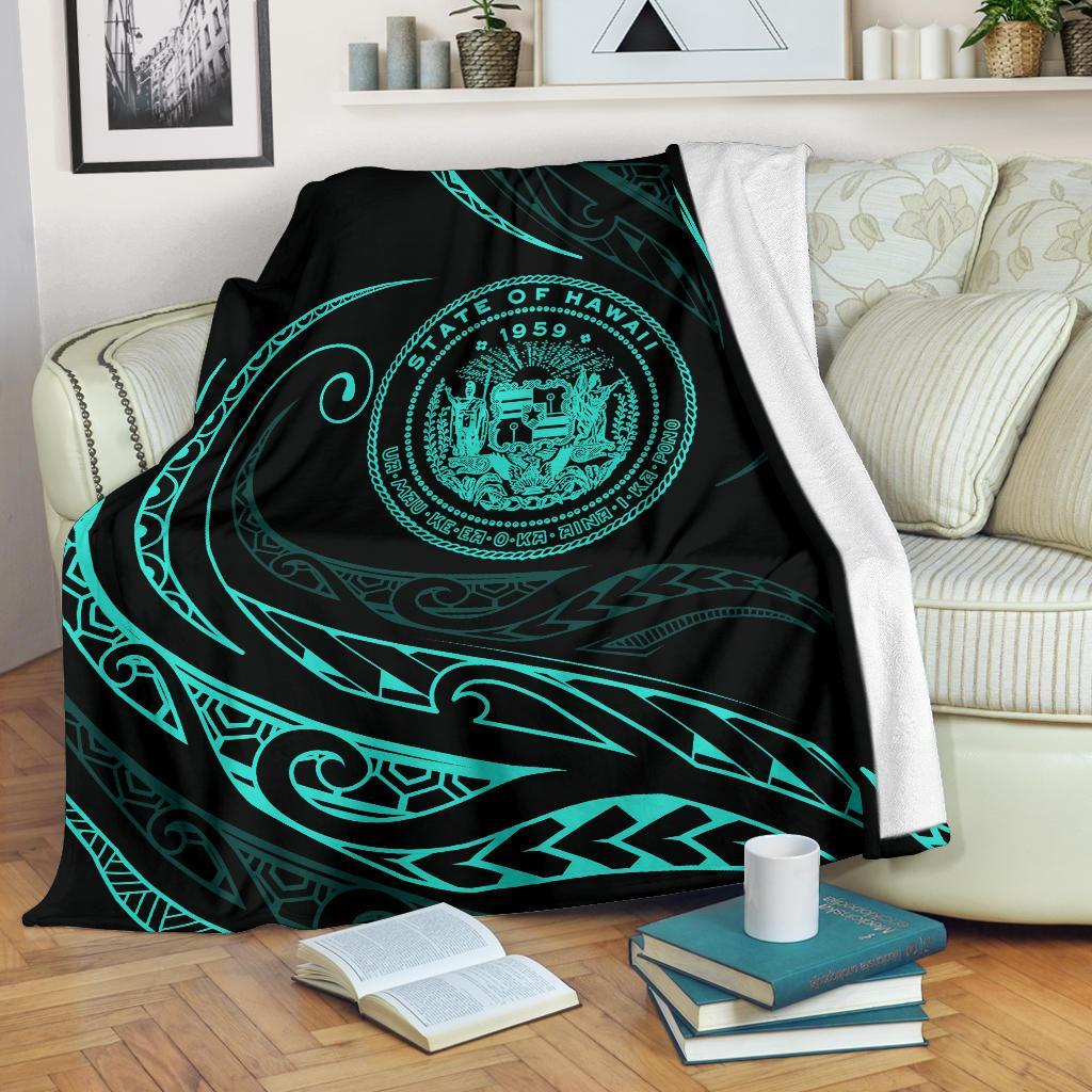 Hawaii Coat Of Arms Premium Blanket - Turquoise - Frida Style White - Polynesian Pride