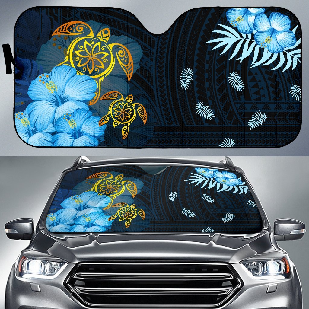 Hawaii Car Sun Shade - Turtle Hibiscus Pattern Hawaiian Car Sun Shade - Blue Auto Sun Shade Universal Fit Blue - Polynesian Pride