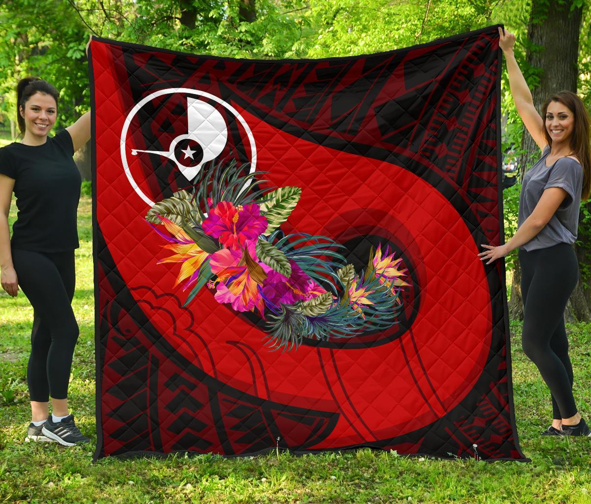 Yap Premium Quilt - Polynesian Hook And Hibiscus (Red) - Polynesian Pride