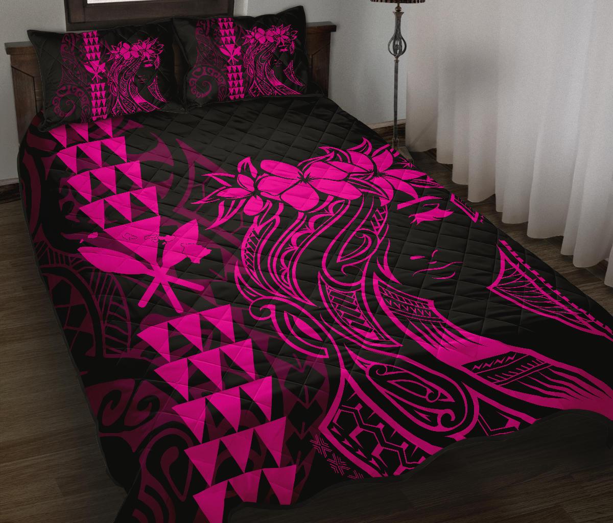 Hawaii Map Kanaka Polynesian Hula Girl Quilt Bed Set - Pink Art - Polynesian Pride