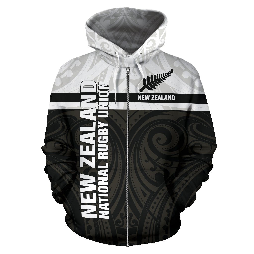 New Zealand Rugby Zip up Hoodie Maori Horizontal Style Unisex BLACK - Polynesian Pride