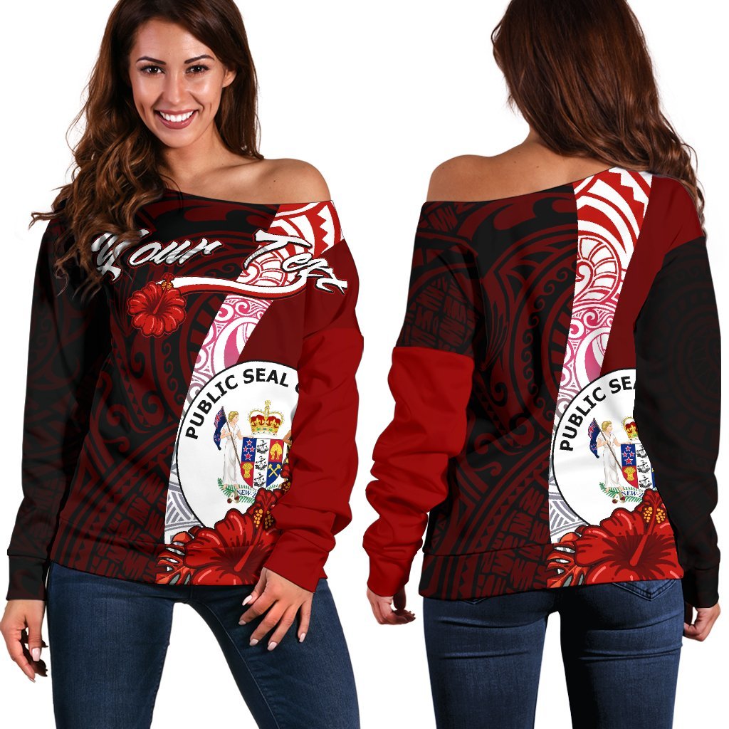 Niue Polynesian Custom Personalised Women's Off Shoulder Sweater - Coat Of Arm With Hibiscus Red - Polynesian Pride