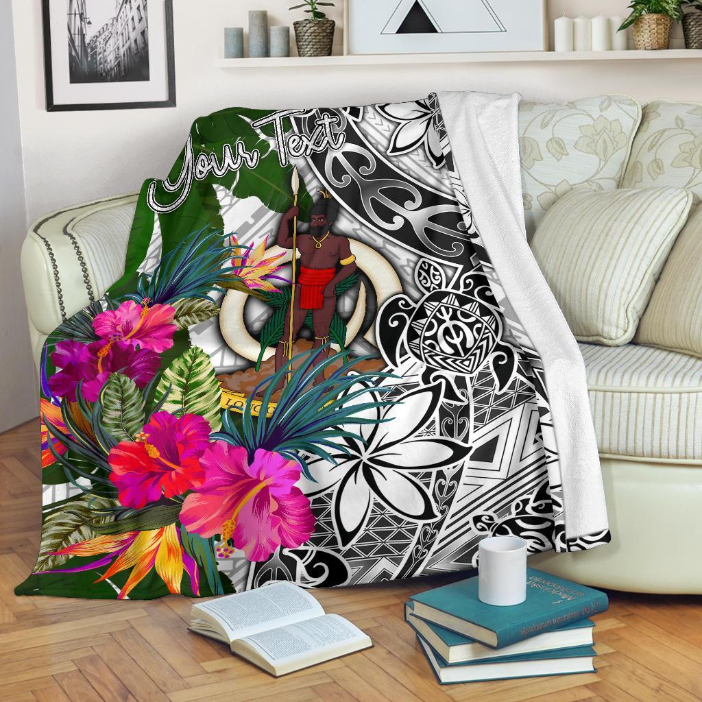 Vanuatu Custom Personalised Premium Blanket White - Turtle Plumeria Banana Leaf - Polynesian Pride