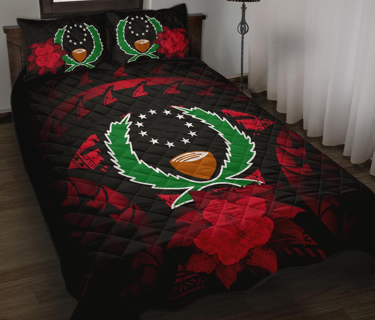 Pohnpei Polynesian Quilt Bed Set Hibiscus Red Black - Polynesian Pride