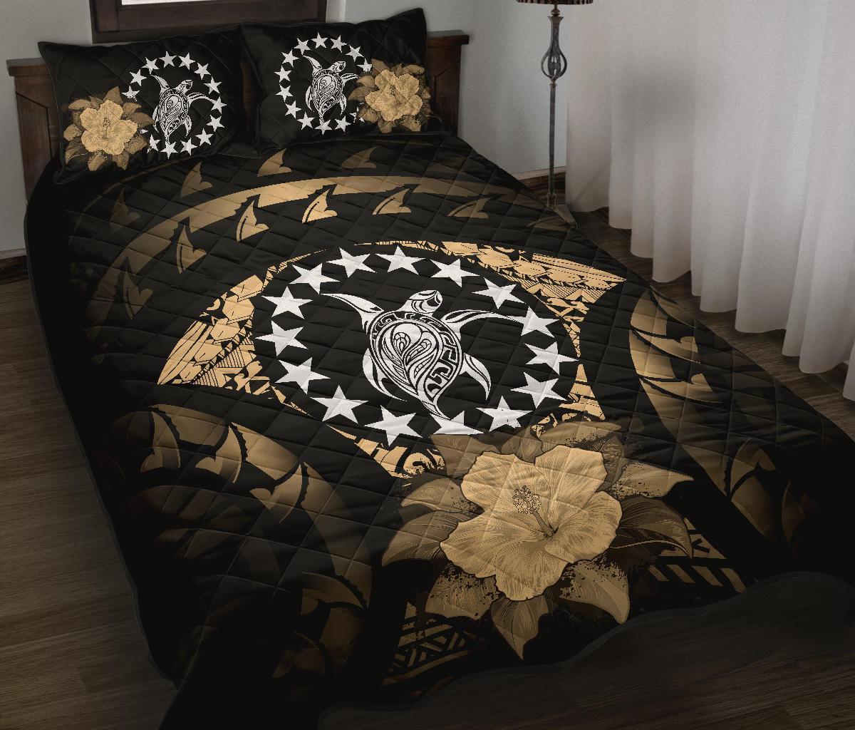 Cook Islands Polynesian Quilt Bed Set Hibiscus Gold Black - Polynesian Pride