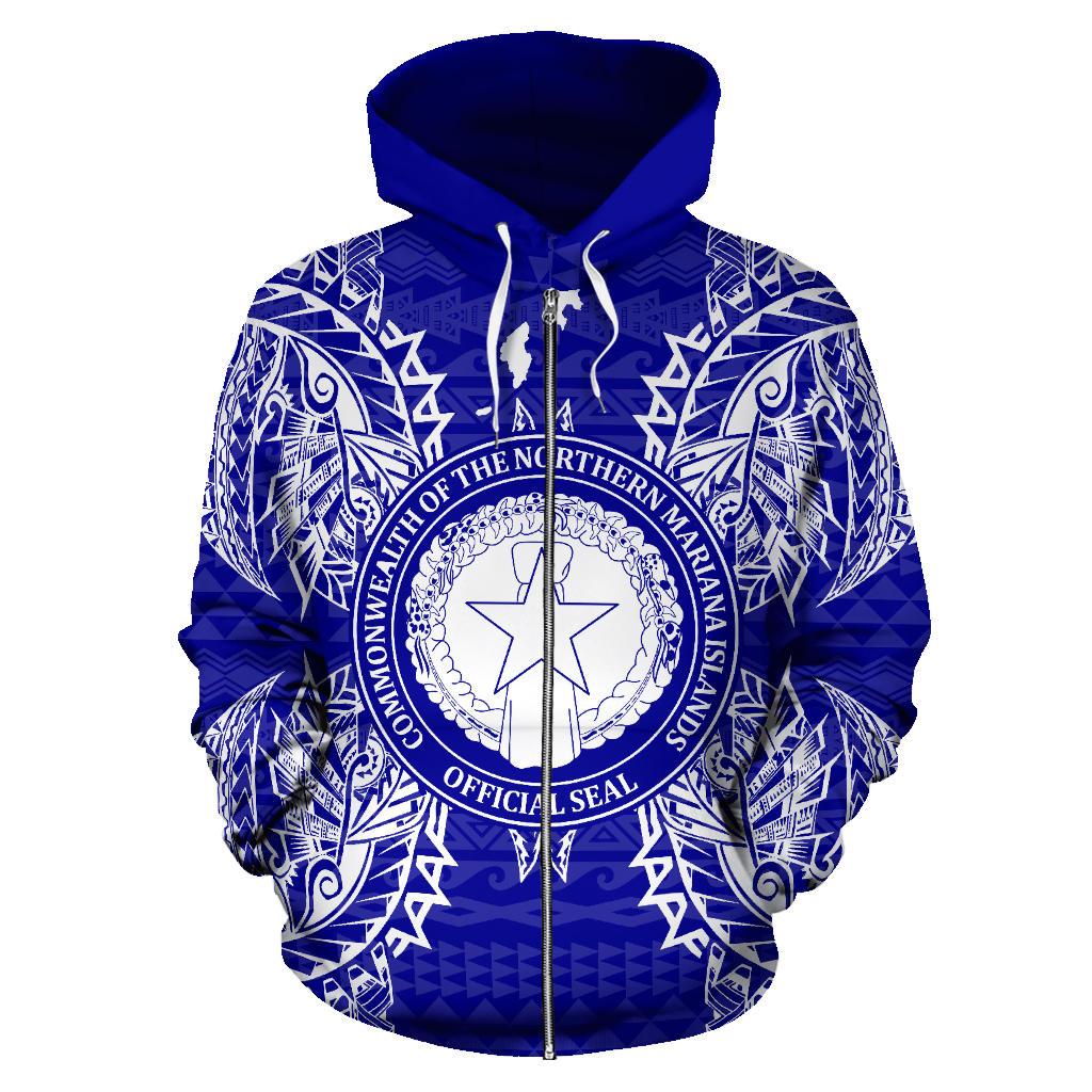 Northern Mariana Islands Polynesian All Over Zip up Hoodie Map Blue - Polynesian Pride