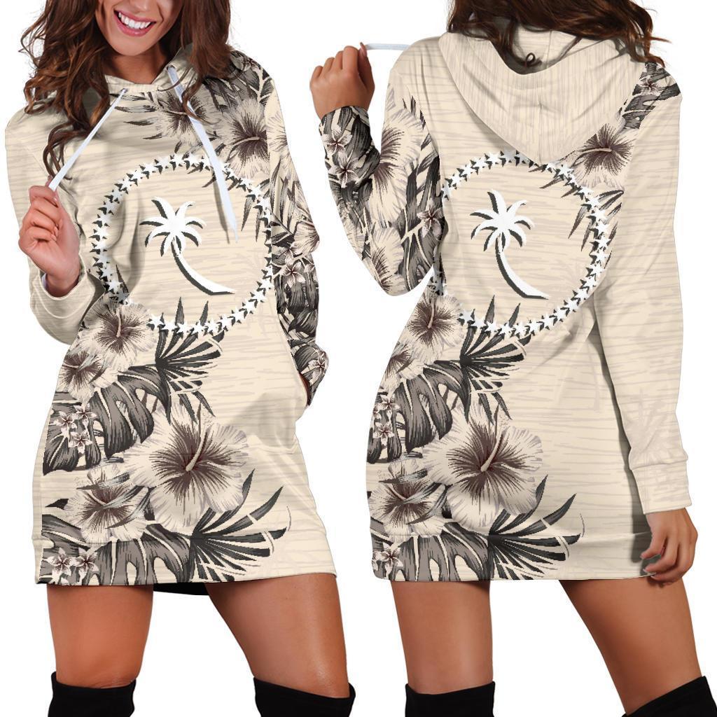 Chuuk Hoodie Dress - Chuuk Flag & Beige Hibiscus White - Polynesian Pride