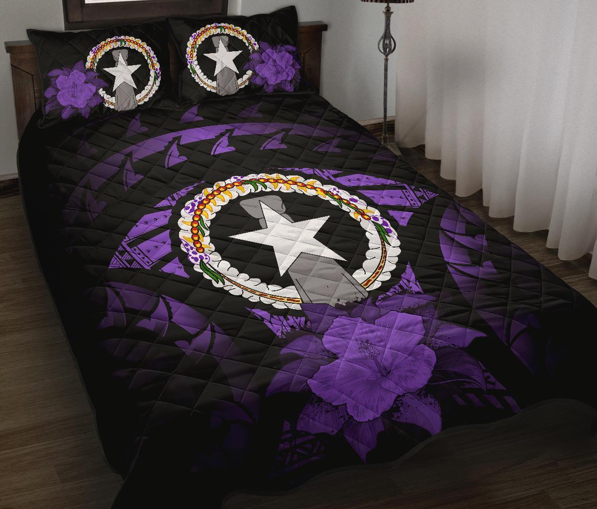 Northern Mariana Islands Polynesian Quilt Bed Set Hibiscus Purple Black - Polynesian Pride