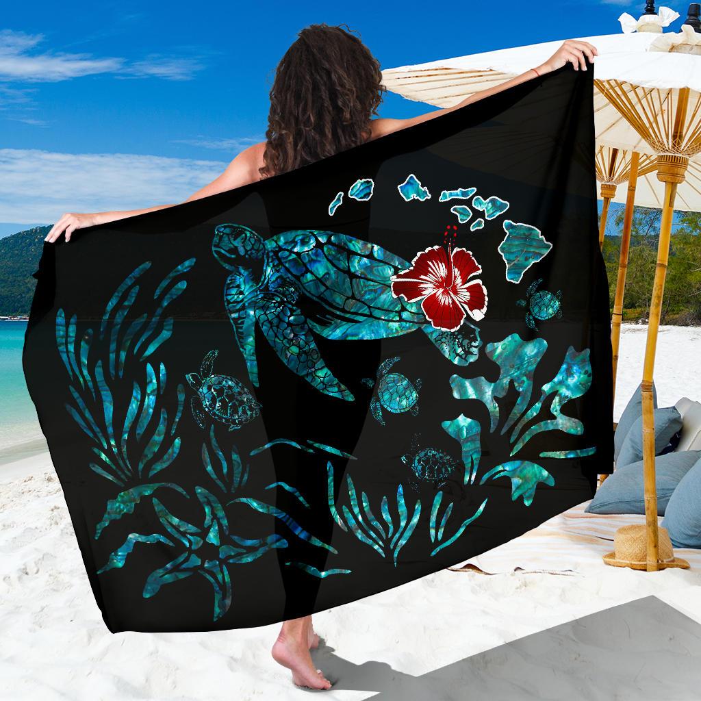 Hawaii Ohana Honu Paua Shell Sarong Sarong One Size Black - Polynesian Pride