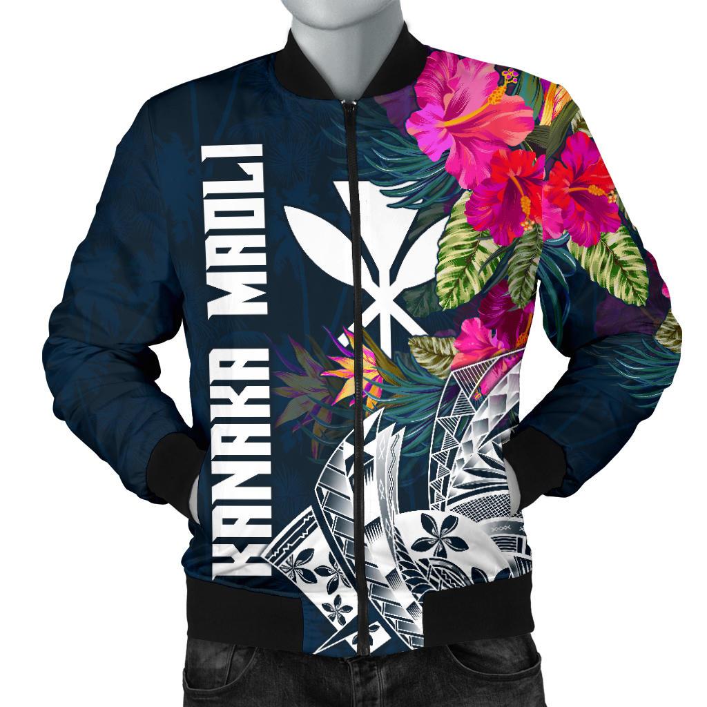 Hawaii Men's Bomber Jacket - Polynesian Hibiscus with Summer Vibes Blue - Polynesian Pride