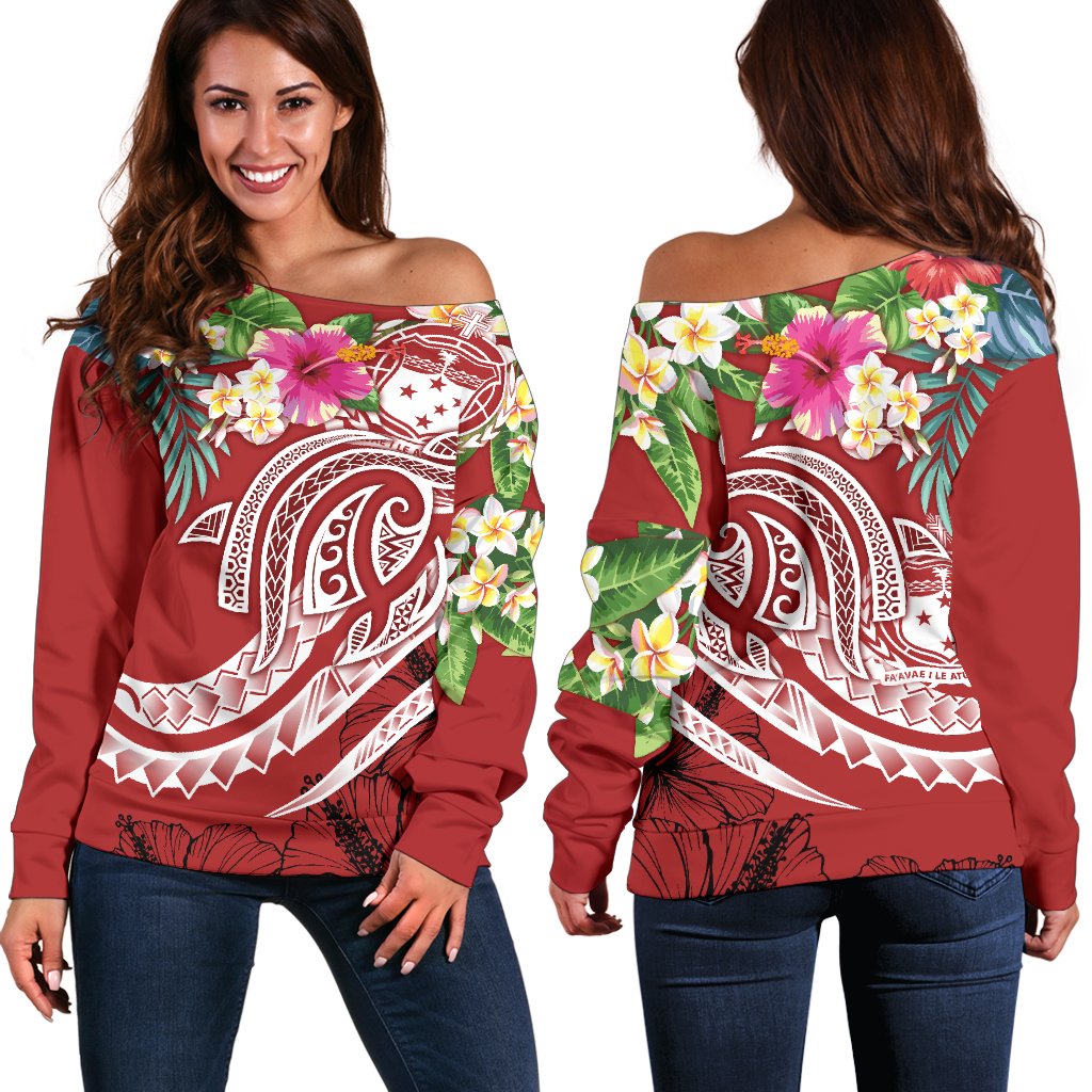 Polynesian Samoa Women's Off Shoulder Sweater - Summer Plumeria (Red) Red - Polynesian Pride