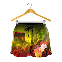 Fiji Women's Shorts - Humpback Whale with Tropical Flowers (Yellow) - Polynesian Pride