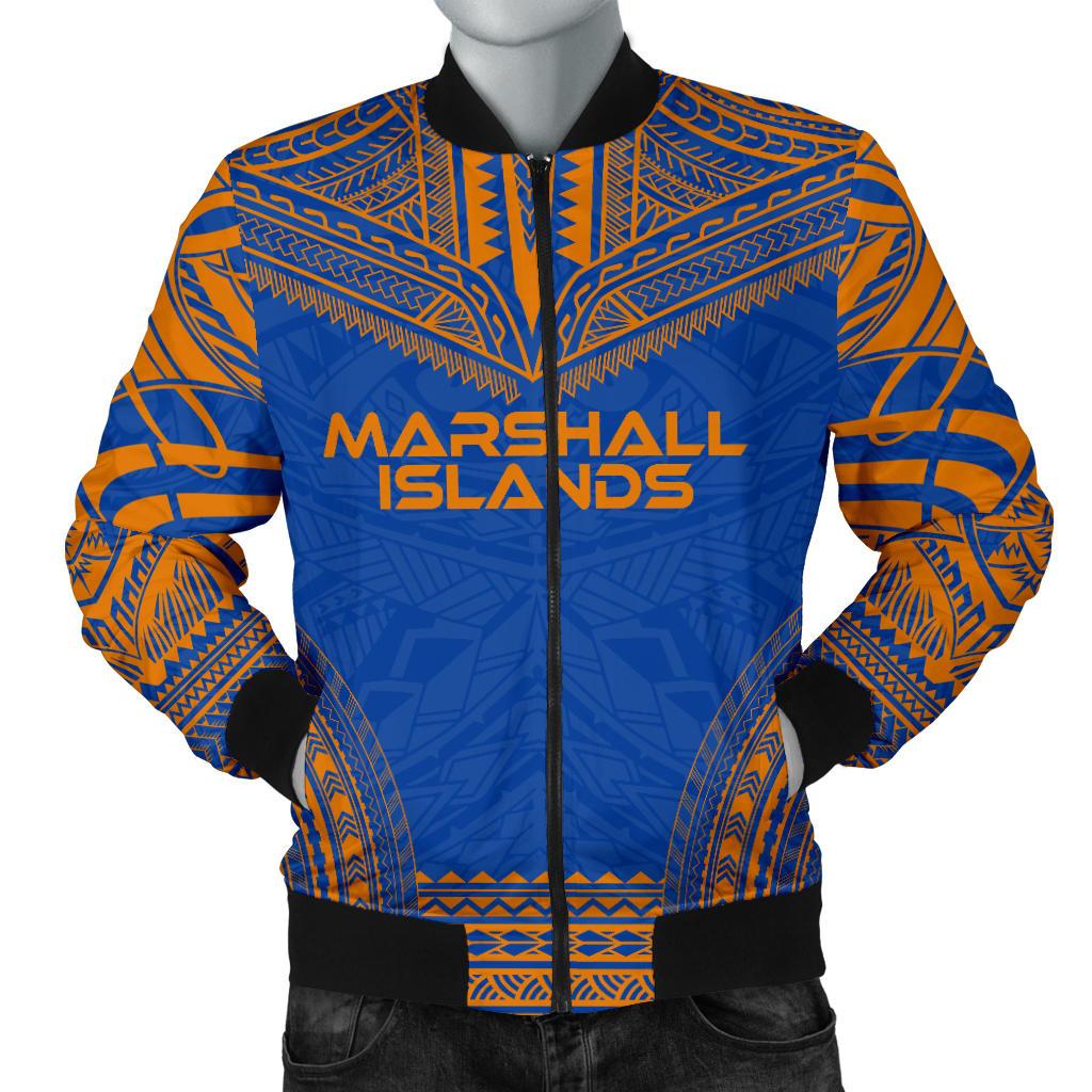 Marshall Islands Flag Polynesian Chief Men's Bomber Jacket Blue - Polynesian Pride