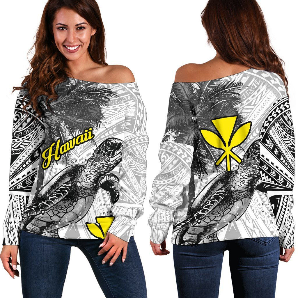 Hawaii Women's Off Shoulder Sweater - Turtle Palm Tree White - Polynesian Pride