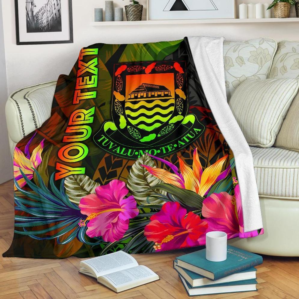 Tuvalu Polynesian Personalised Premium Blanket - Hibiscus and Banana Leaves White - Polynesian Pride