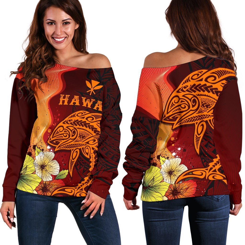 Hawaii Women's Off Shoulder Sweater - Tribal Tuna Fish - Polynesian Pride