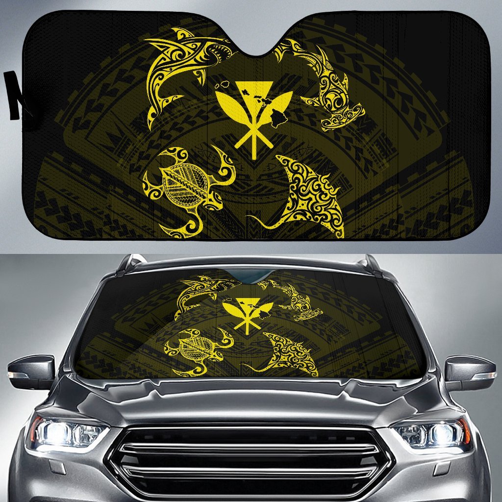 Polynesian Turtle Hammerhead Shark Manta Ray Hawaii Car Sun Shade Circle - AH - Yellow Auto Sun Shade Universal Fit Yellow - Polynesian Pride