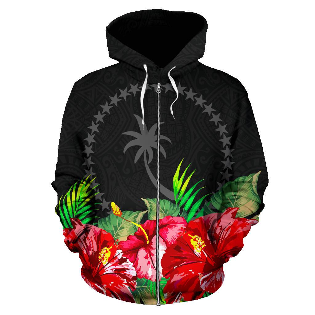Chuuk Polynesian Zip Hoodie Black Hibiscus - Polynesian Pride