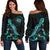 Hawaii Polynesian Women's Off Shoulder Sweater - Turtle With Blooming Hibiscus Turquoise Turquoise - Polynesian Pride