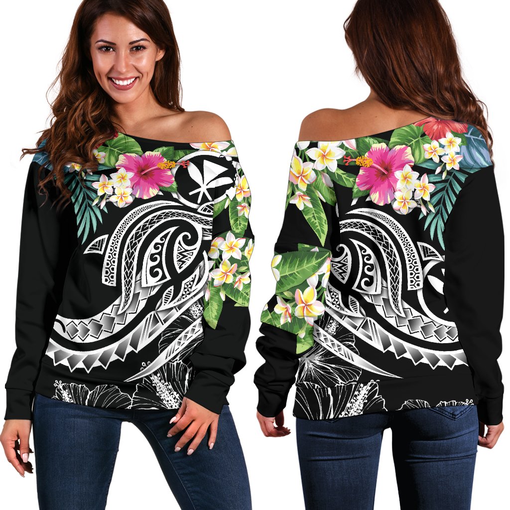 Polynesian Hawaii Kanaka Maoli Women's Off Shoulder Sweater - Summer Plumeria (Black) Black - Polynesian Pride