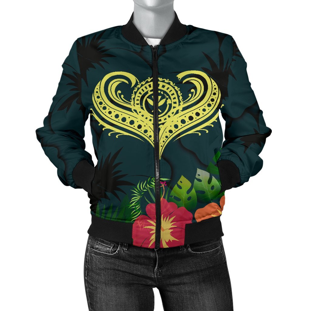 Polynesian Hawaii Kanaka Maoli Bomber Jacket - Heart with Hibiscus Green Unisex - Polynesian Pride