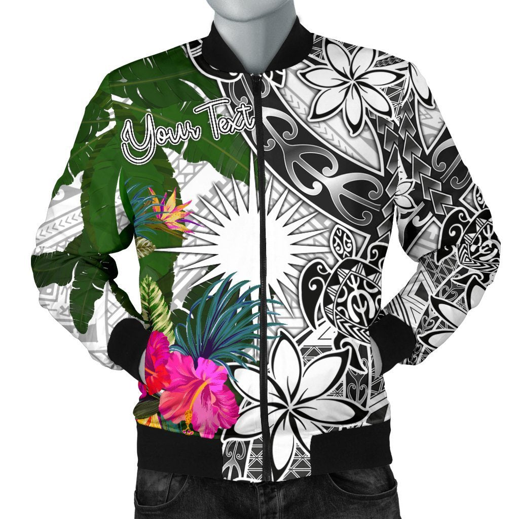 Marshall Islands Custom Personalised Men's Bomber Jacket White - Turtle Plumeria Banana Leaf White - Polynesian Pride