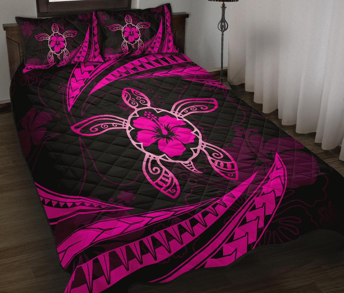 Hawaii Quilt Bed Set - Hibiscus Turtle Tribal Waves Pink - Polynesian Pride