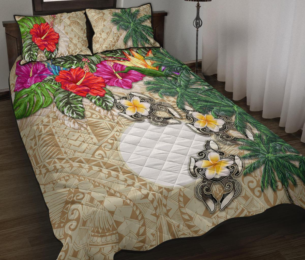 Palau Polynesian Quilt Bed Set - Hibiscus Turtle Tattoo Beige Beige - Polynesian Pride