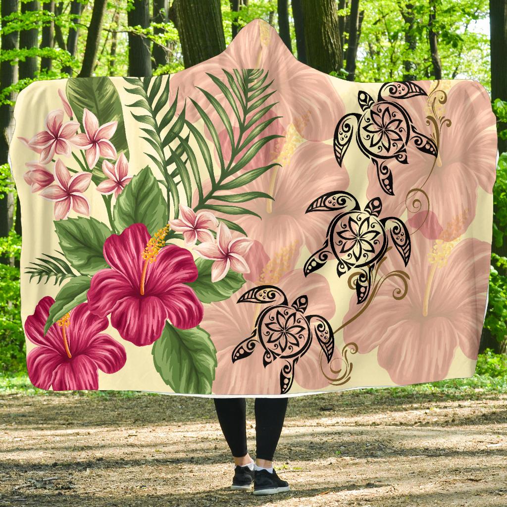 Hawaii Turtle Hibiscus Plumeria Beige Style - Hooded Blanket AH Hooded Blanket - Polynesian Pride
