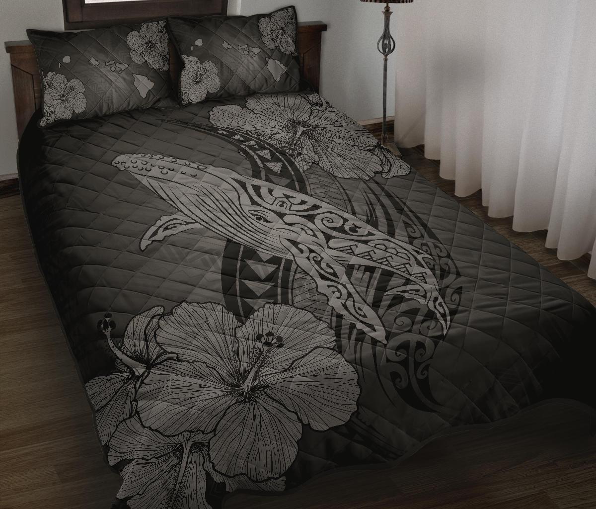 Hawaiian Whale Swim Hibiscus Polynesian Quilt Bedding Set - Gray - Polynesian Pride