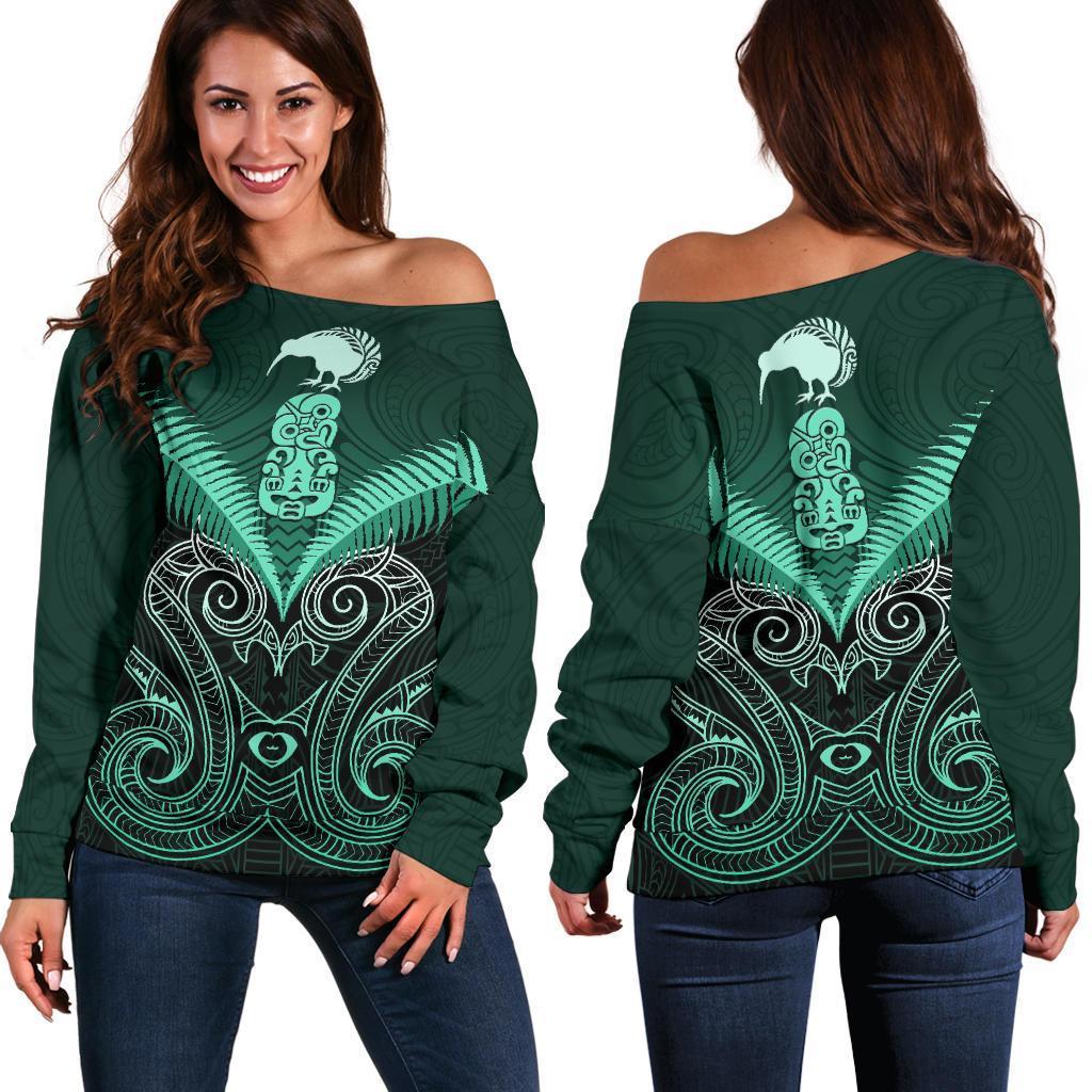 Maori Manaia New Zealand Off Shoulder Sweater Turquoise Turquoise - Polynesian Pride