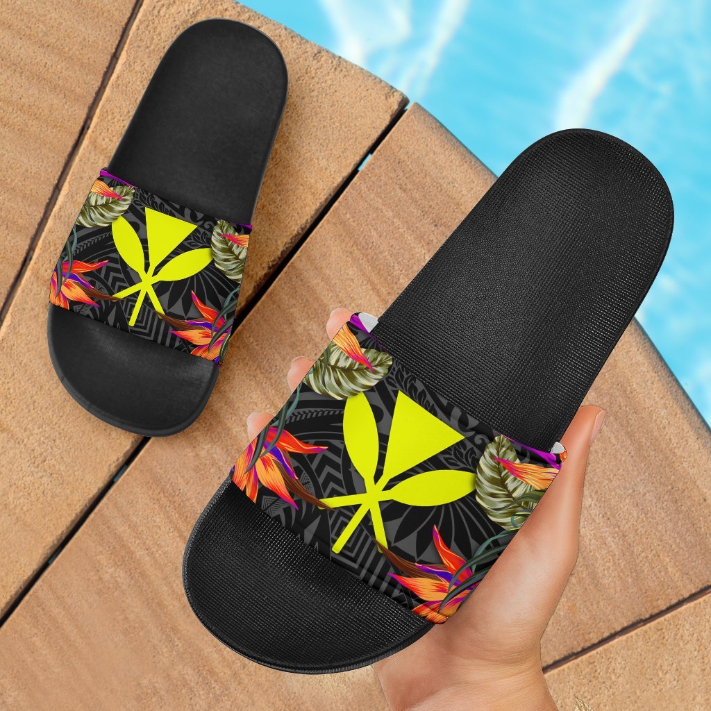 Hawaii Slide Sandals - Polynesian Hibiscus Pattern Black - Polynesian Pride